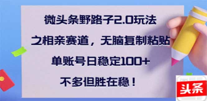 （14334期）微头条野路子2.0玩法之相亲赛道，无脑搬砖复制粘贴，单账号日稳定300+…-呱呱学长