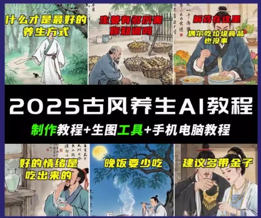 抖音AI古风养生视频教程，日入五张，轻松涨粉 10W+-呱呱学长